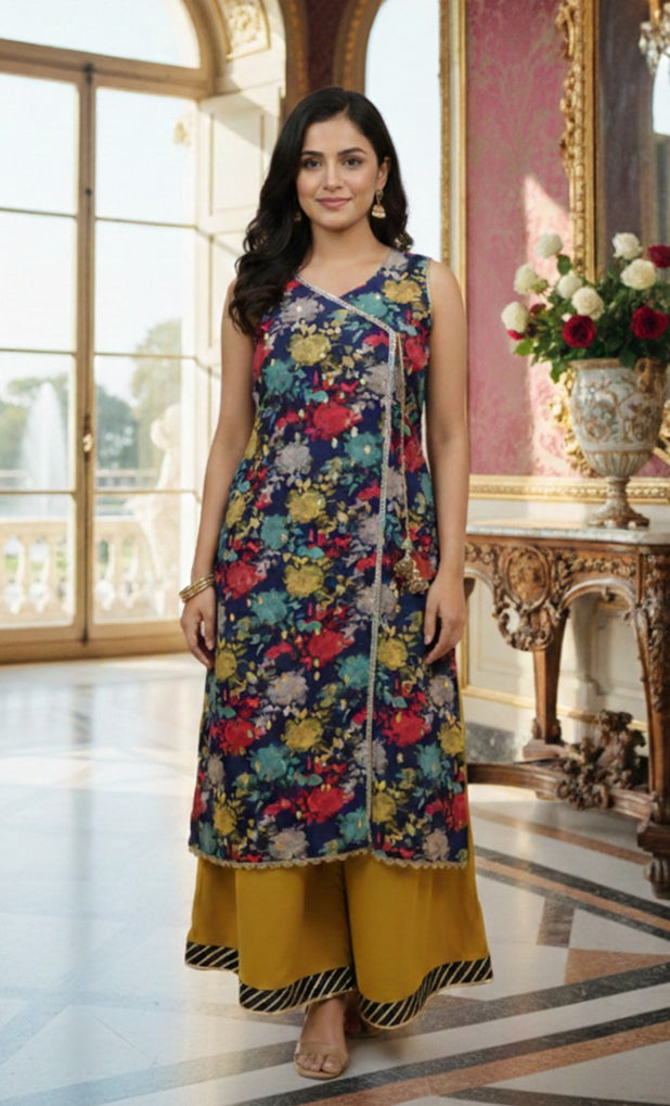 CENE Navy Blue Angrakha A-Line Shirt with Flared Pants