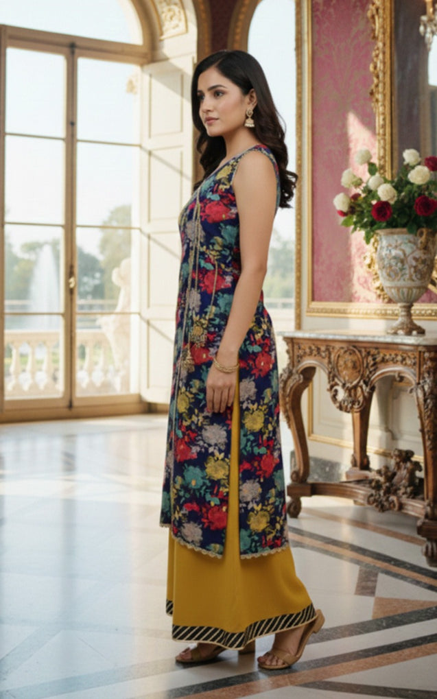 CENE Navy Blue Angrakha A-Line Shirt with Flared Pants