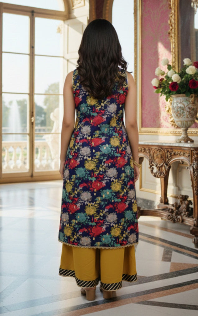 CENE Navy Blue Angrakha A-Line Shirt with Flared Pants