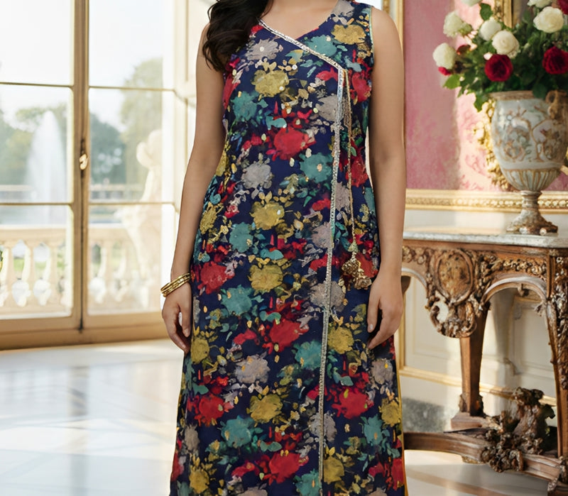 CENE Navy Blue Angrakha A-Line Shirt with Flared Pants