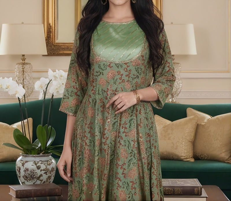 CENE Teal Green Anarkali Frock with Panels