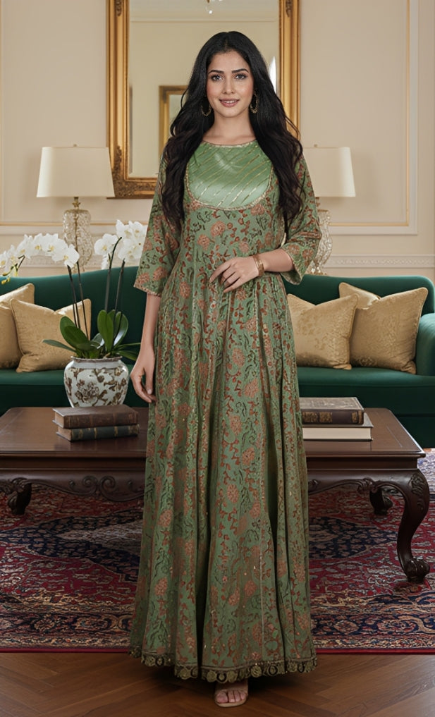CENE Teal Green Anarkali Frock with Panels