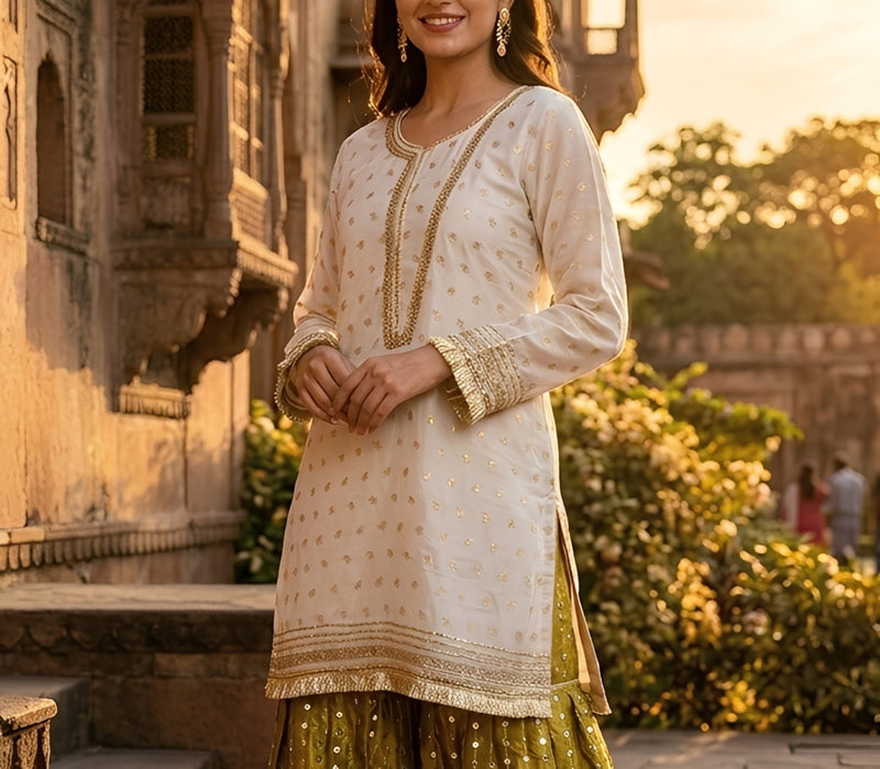 CENE white cotton jacqurd with copper zari paired with flared pants