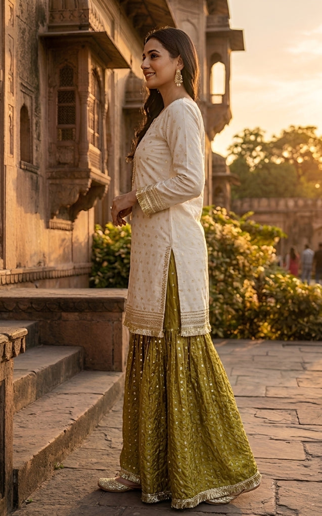 CENE white cotton jacqurd with copper zari paired with flared pants
