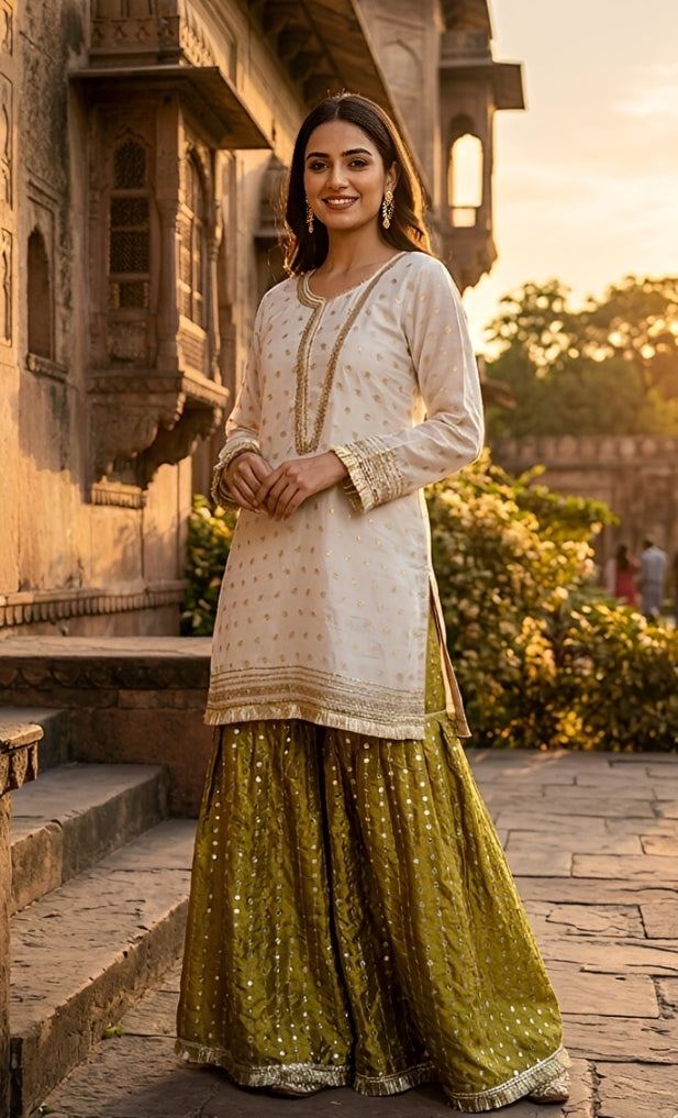 CENE white cotton jacqurd with copper zari paired with flared pants