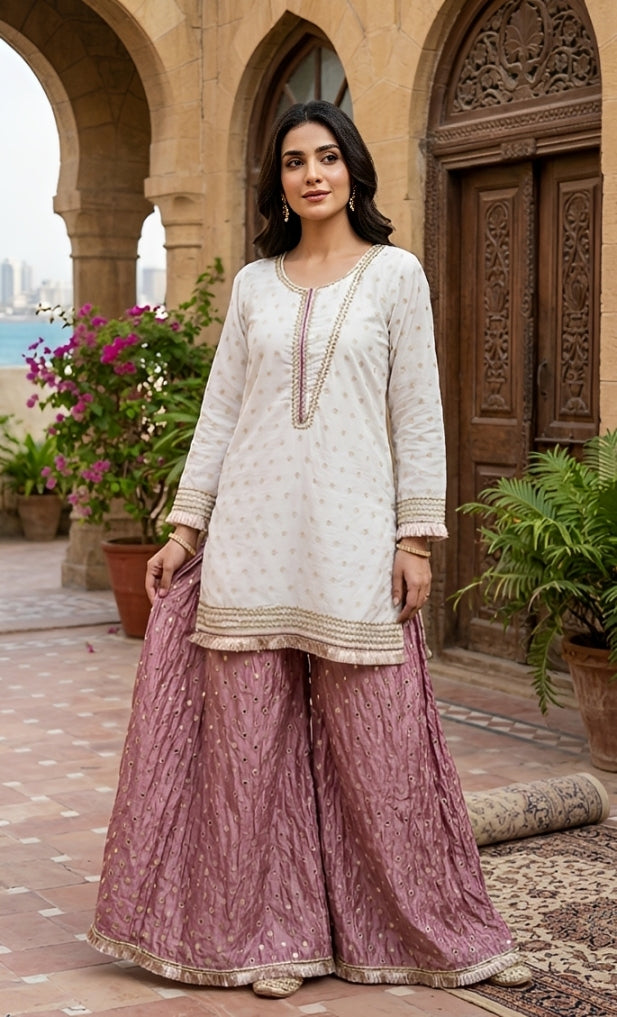 CENE white cotton jacqurd with copper zari paired with flared pants