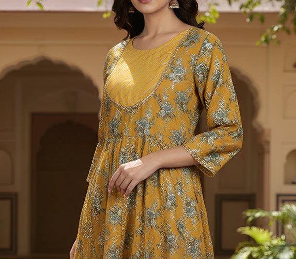 CENE Mustard Yellow Anarkali Frock with Panels