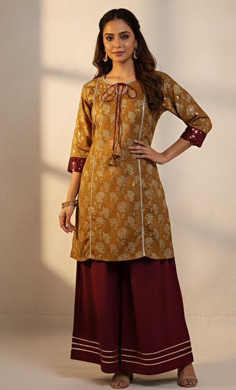CENE Mustard Yellow Angrakha Short Shirt with Wide-Leg Flared Pants